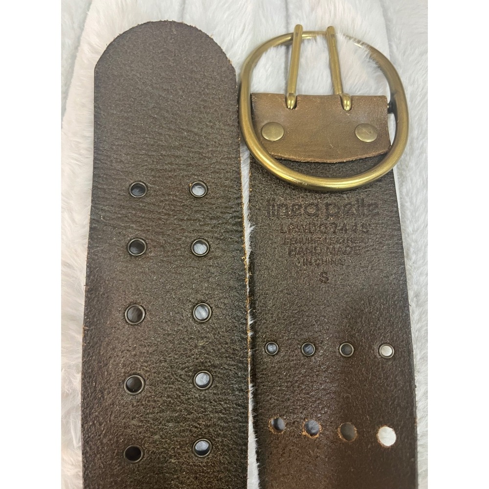Linea Pelle Wide Leather Grommet Belt Women's Brown Brass Double Prong Buckle S‎